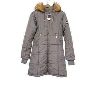 NEW 82 Degrees Fahrenheit Size Medium Gray Puffer Parka Coat Faux Fur Hood